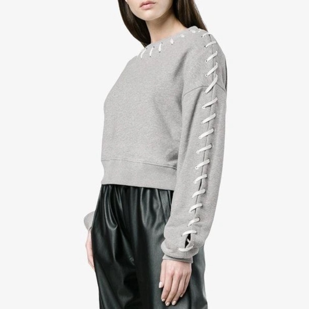 Jonathan Simkhai Loopback Whipstitch Lace Up Cropped Cotton Sweatshirt in Grey